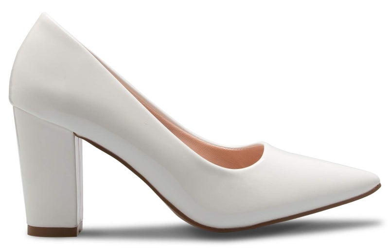 Olivia K Women's Classic Pointed-Toe Elegant Pumps Low Block Heel - Adorable, Comfortable White Patent - Image 2